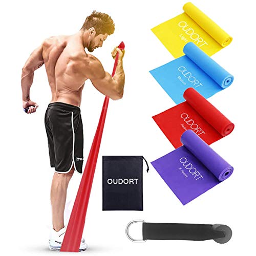 Oudort Bandas Elásticas Musculacion, Set de 4 1.8M Bandas de Resistencia Fitness sin Látex con Anclaje Puerta para Hombre, Mujer, Ejercicios de Musculares, Glúteos, Piernas, Fémur y Yoga en Casa y Gym