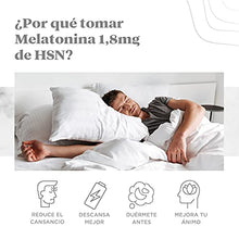 Cargar imagen en el visor de la galería, Melatonina 1,8mg de HSN | Para Dormir Mejor + Mejorar el Sueño + Descanso por la noche + Combate los trastornos del Sueño, Estrés y Fatiga, Jet Lag | Vegano, Sin Gluten, Sin Lactosa, 120 Tabletas
